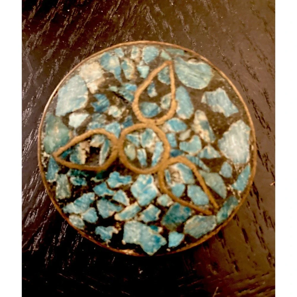 Vintage Turquoise Brass Inlaid Brooch‎ Pin Jewelry 1960s C-Clasp Made in India